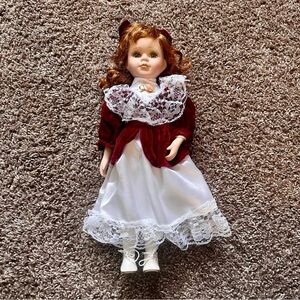 Vintage Porcelain Doll Burgundy Dress Red Hair Green Eyes in Original Packaging